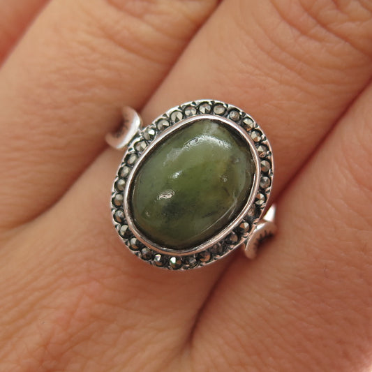 THE JEWELLERY HOUSE Silver Vintage Jade Marcasite Ring Size 8 (missing 1 stone)