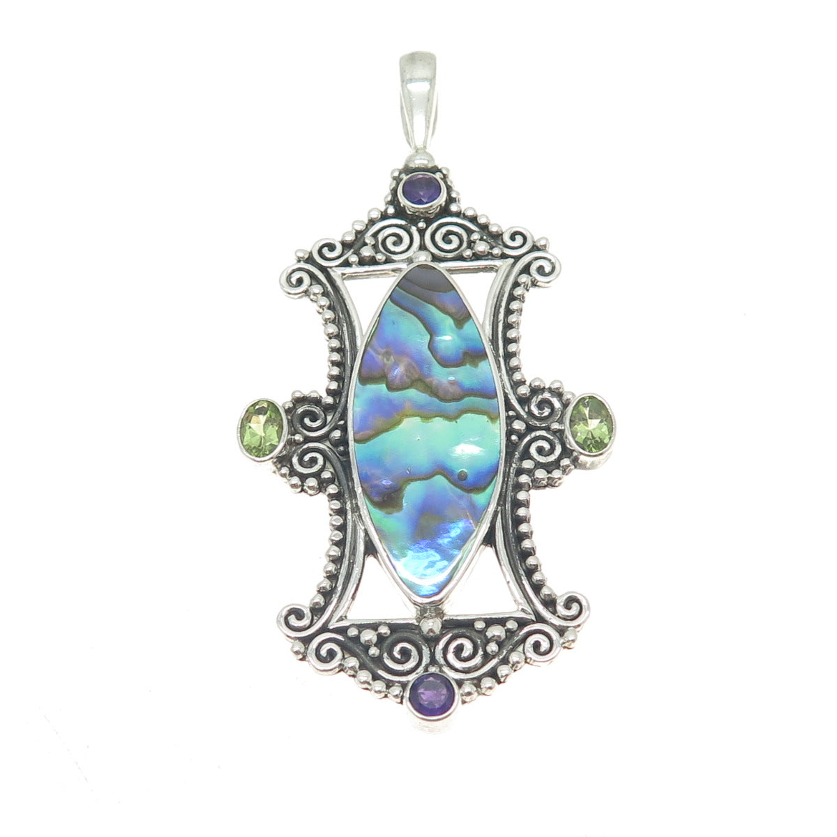 SAJEN 925 Sterling Vintage Abalone Shell Peridot & Amethyst Gem Ornate Pendant