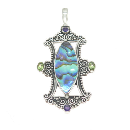 SAJEN 925 Sterling Vintage Abalone Shell Peridot & Amethyst Gem Ornate Pendant