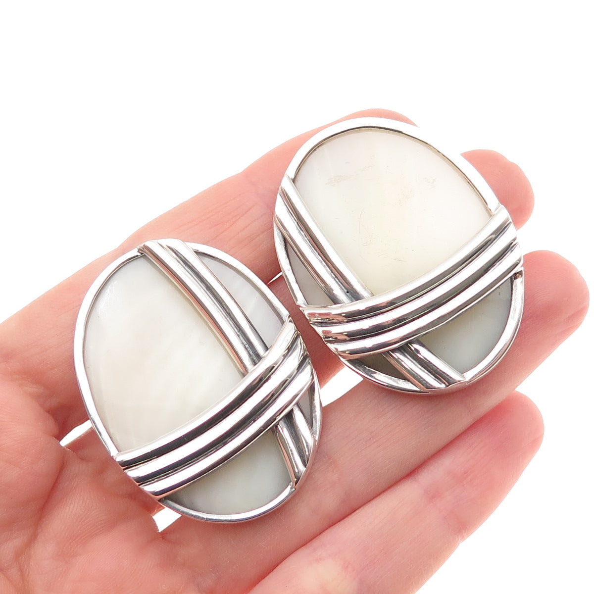 Ture Designs 925 Sterling Silver Vintage Real MOP Modernist Clip On Earrings
