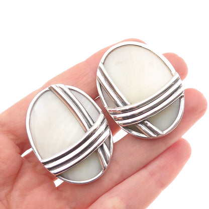 Ture Designs 925 Sterling Silver Vintage Real MOP Modernist Clip On Earrings