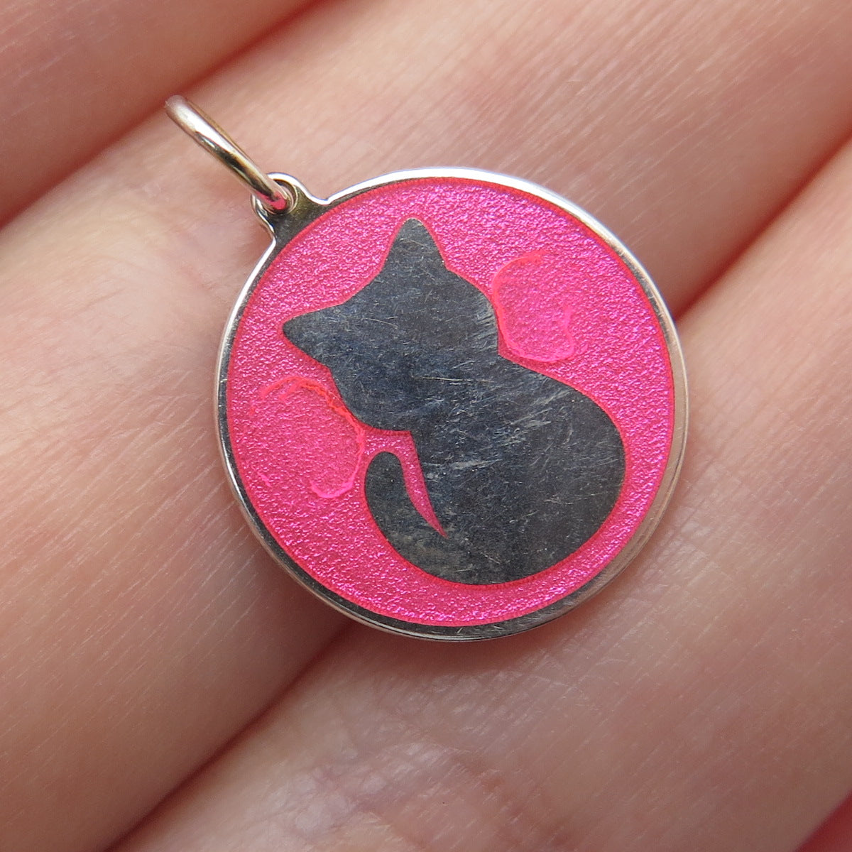 925 Sterling Silver Pink Enamel Cat Minimalist Charm Pendant