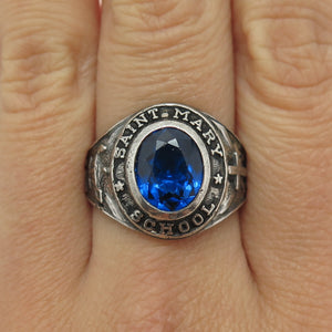 925 Sterling Vintage 1972 Lab-Created Sapphire Saint Mary School Ring Size 9.5