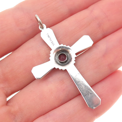 925 Sterling Silver Antique Art Deco Real Amethyst Marcasite Cross Charm Pendant