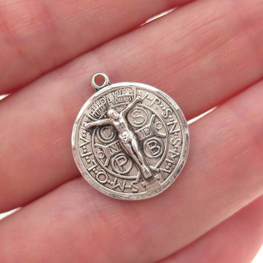 Bliss 925 Sterling Silver Vintage Crucifix Saint Benedict Oxidized Charm Pendant