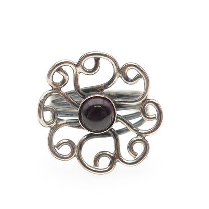925 Sterling Silver Vintage Real Rhodolite Swirl Flower Oxidized Ring Size 8.25
