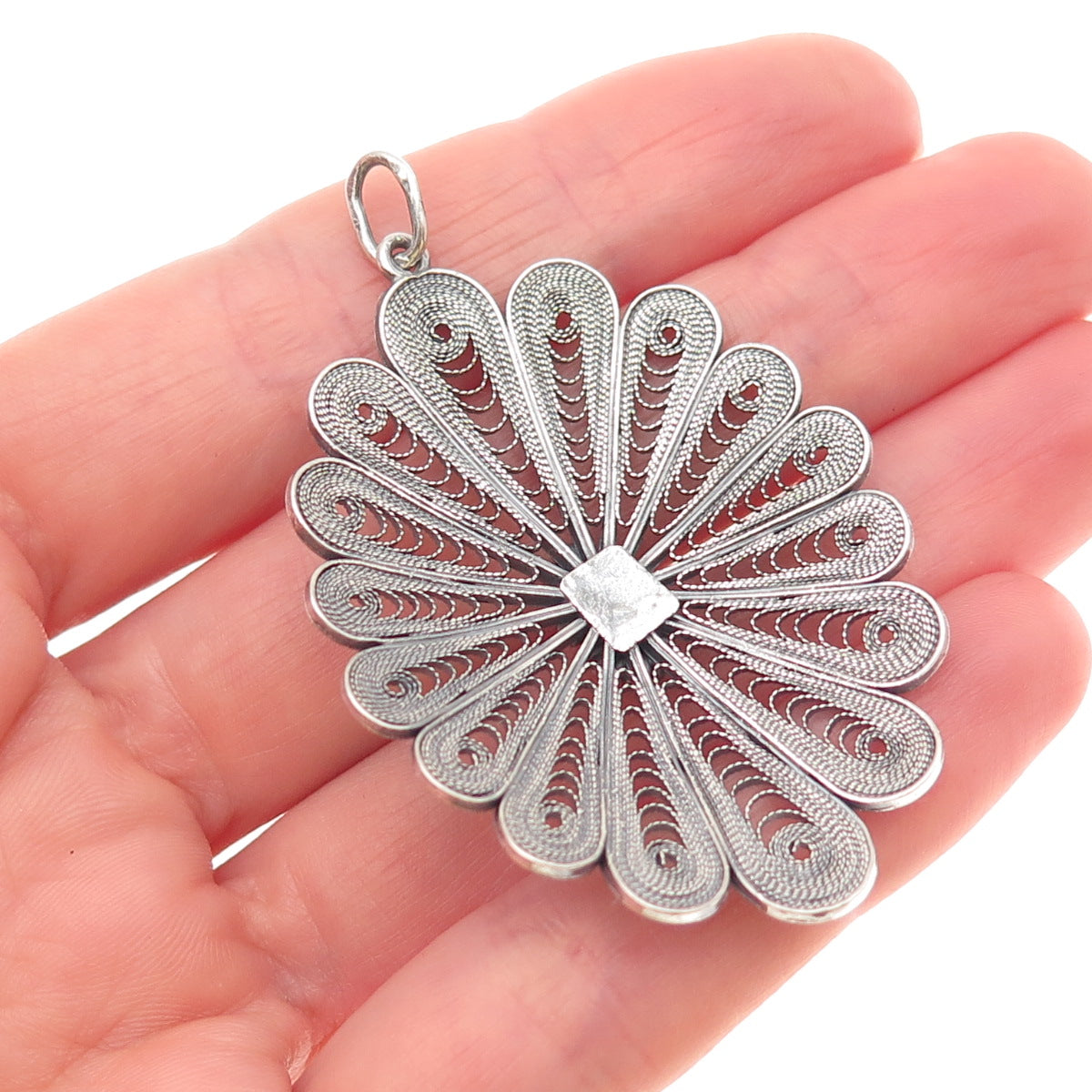 900 Silver Vintage European Cannetille Filigree Floral Oxidized Charm Pendant
