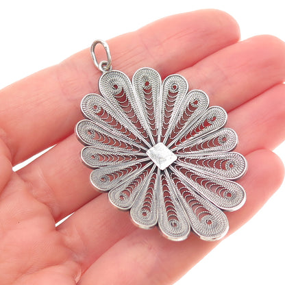 900 Silver Vintage European Cannetille Filigree Floral Oxidized Charm Pendant