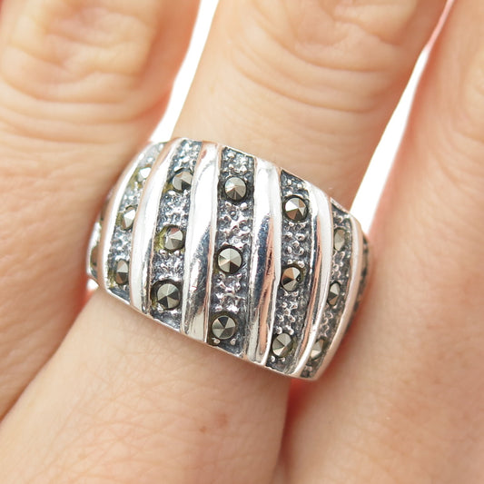 925 Sterling Silver Vintage Real Marcasite Ribbed Oxidized Ring Size 7.25
