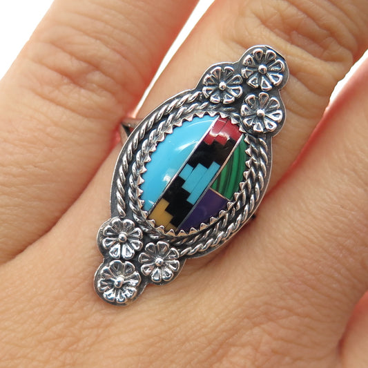 Linda Yazzie Navajo Old Pawn 925 Sterling Vintage Multi-Color Gem Ring Size 6.75