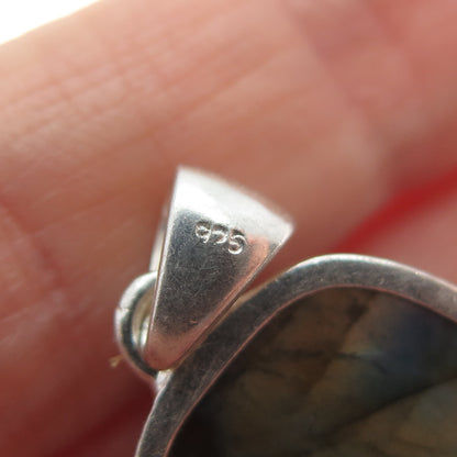 925 Sterling Silver Vintage Real Labradorite Carved Flower Charm Pendant
