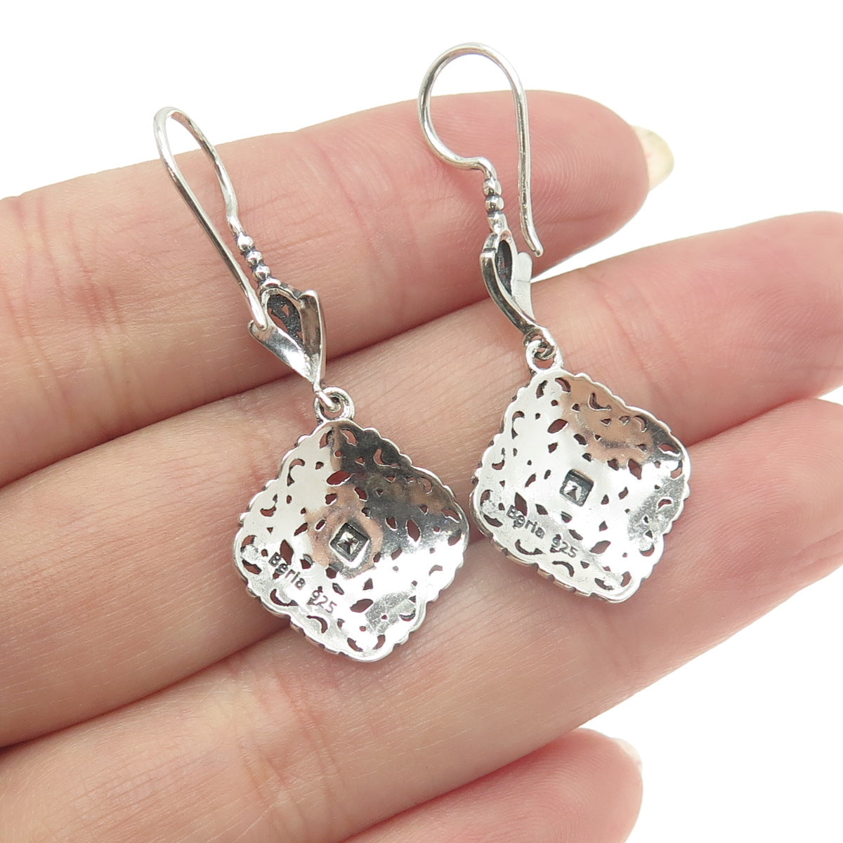 BERIA 925 Sterling Silver Green Rhinestone Ornate Square Dangling Earrings