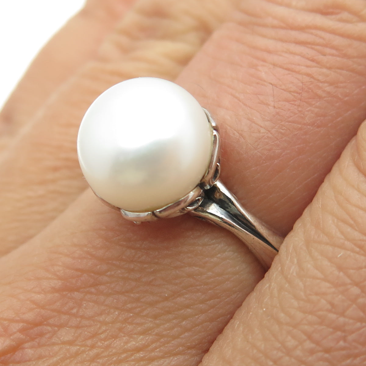 ANN KING 925 Sterling Silver Real Pearl Floral Ring Size 7