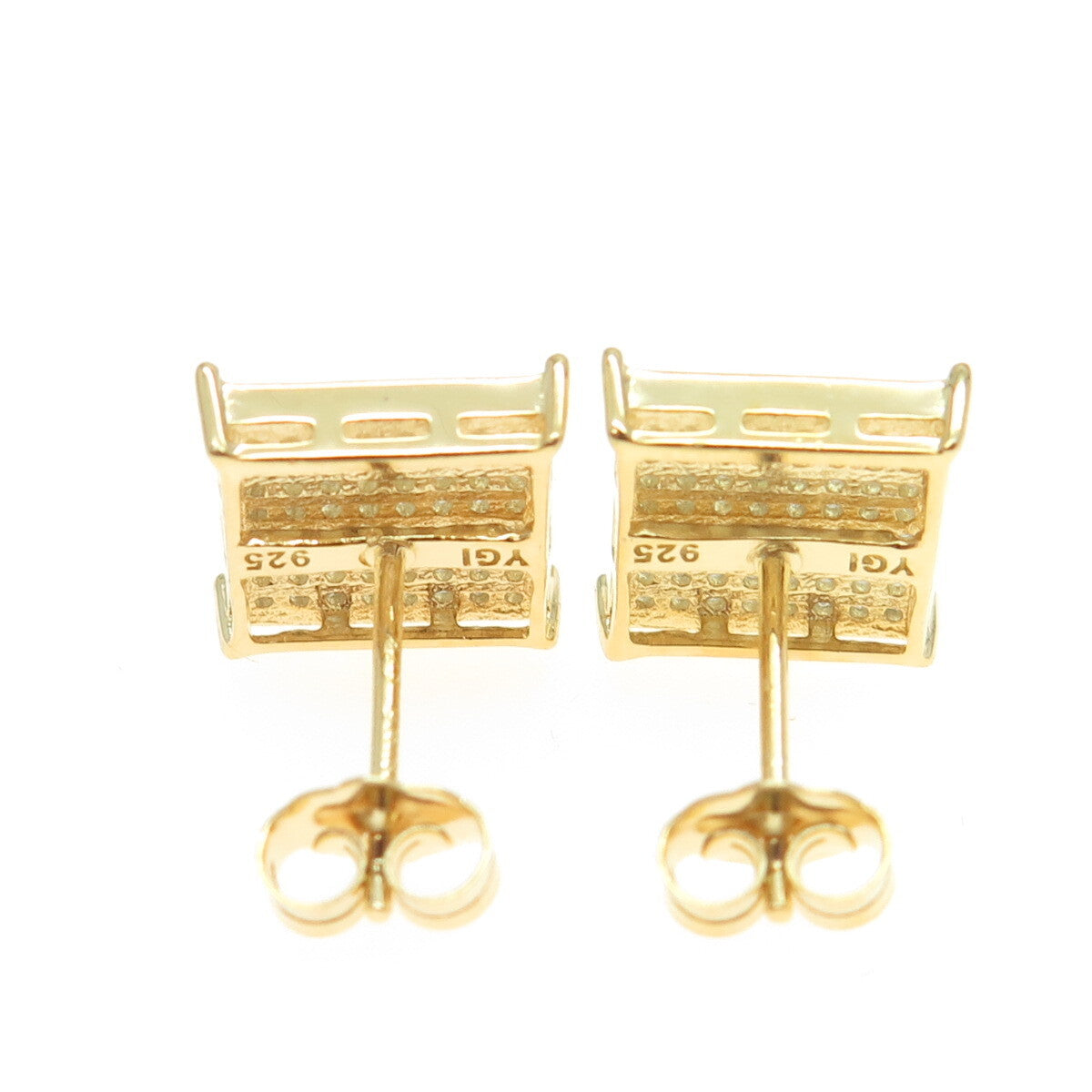 925 Sterling Silver Gold Plated Round-Cut C Z Princess Square Earrings