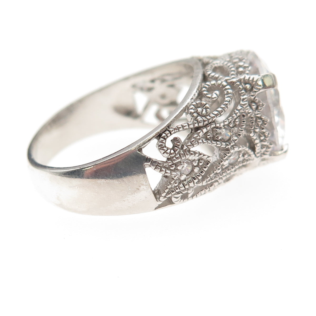 925 Sterling Silver Round-Cut C Z Floral Scroll Ring Size 9