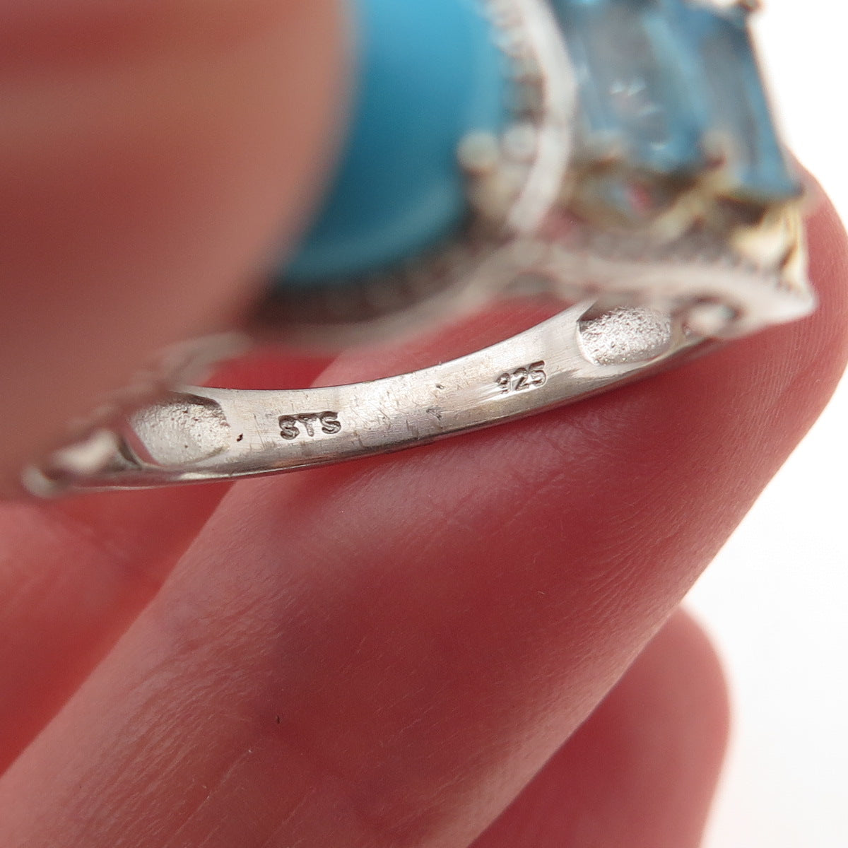 Chuck Clemency 925 Sterling 2-Tone Real Turquoise & Blue Topaz Ring Size 8.25