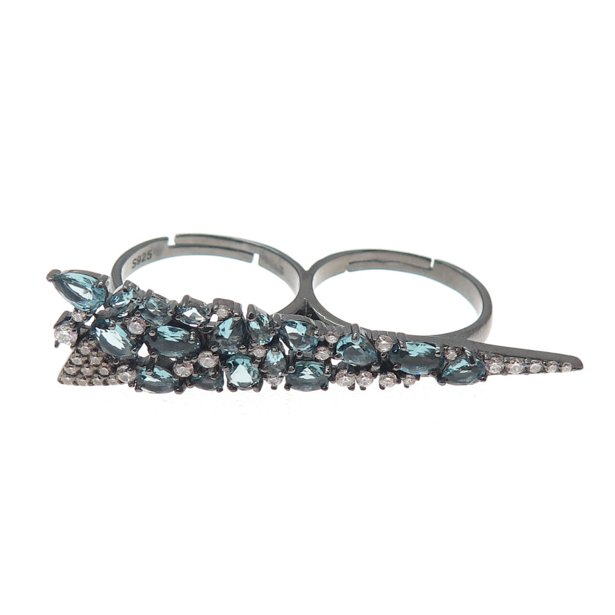 925 Sterling Black Rhodium Real Apatite & C Z Adjustable Two Finger Ring Size 6