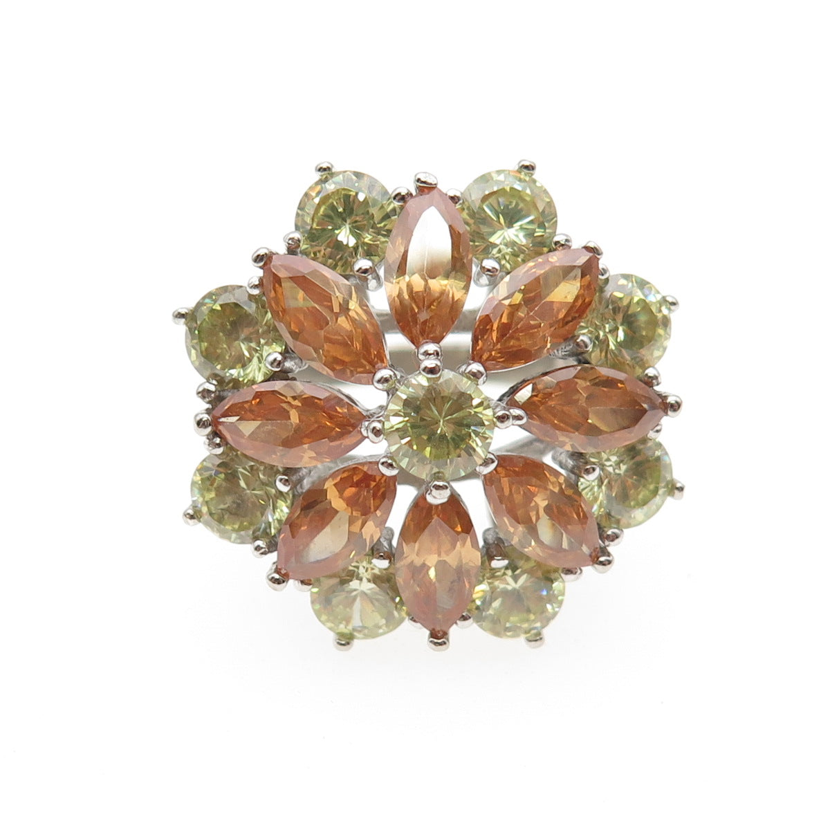 925 Sterling Silver Marquise-Cut Orange & Round-Cut Green C Z Ring Size 7.25