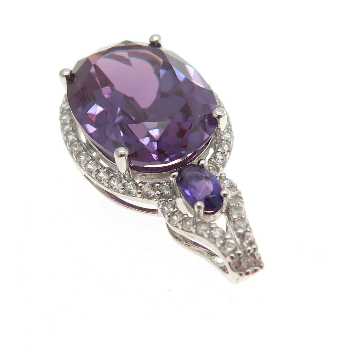 925 Sterling Silver Real Peacock Sapphire Amethyst & White Topaz Pendant