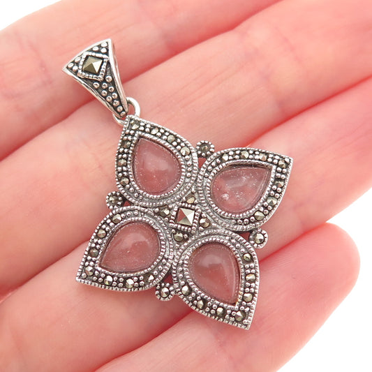 925 Sterling Silver Vintage Real Rose Quartz & Marcasite Cross Charm Pendant
