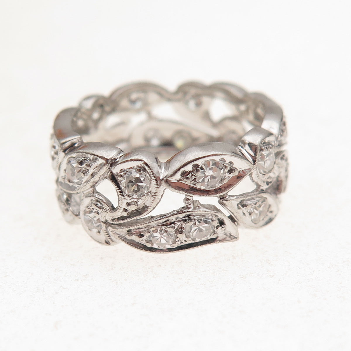 Platinum Antique Art Deco Real Round-Cut Diamond Floral Band Ring Size 5.25