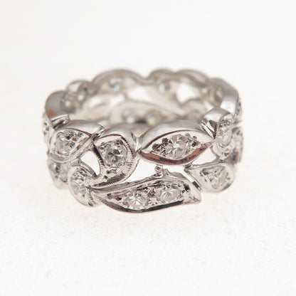 Platinum Antique Art Deco Real Round-Cut Diamond Floral Band Ring Size 5.25