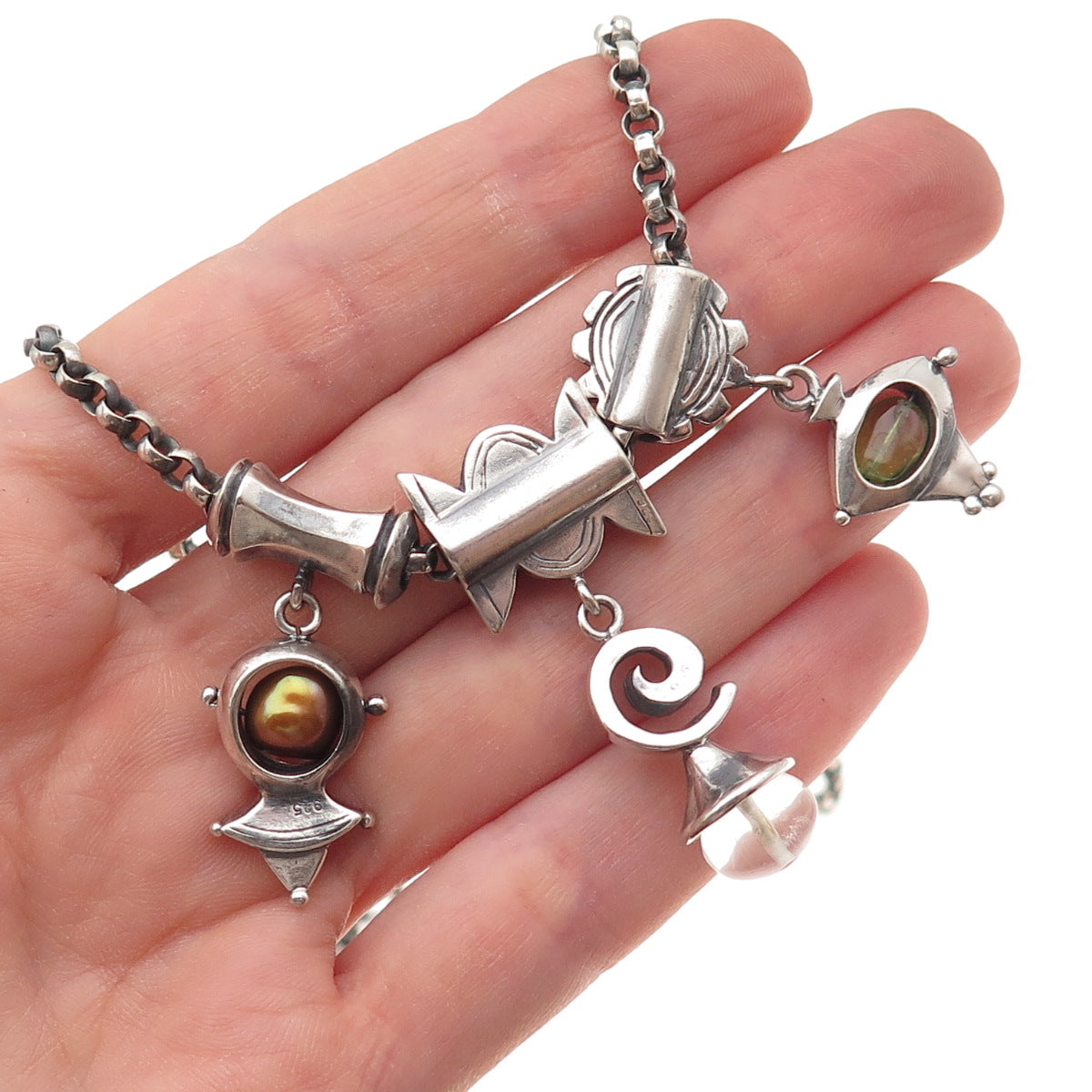 925 Sterling Silver Vintage Real Pearl Peridot Quartz Modernist Necklace 20"