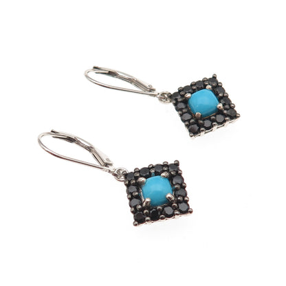 Chuck Clemency 925 Sterling Silver Real Turquoise & Black Spinel Dangle Earrings