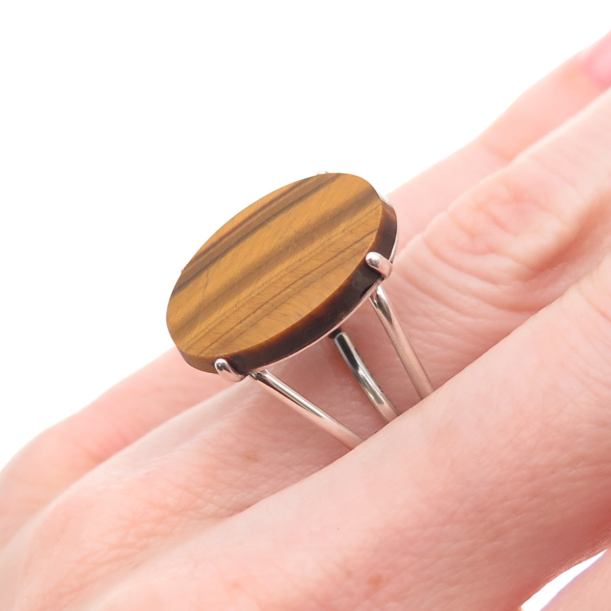 Beau Sterling Silver Vintage Real Tiger Eye Modernist Adjustable Ring Size 7.75