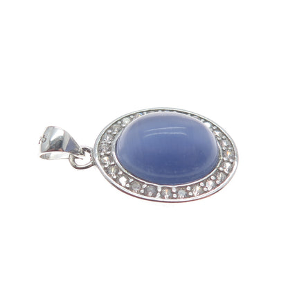 925 Sterling Silver Real Cabochon Amethyst & C Z Minimalist Charm Pendant