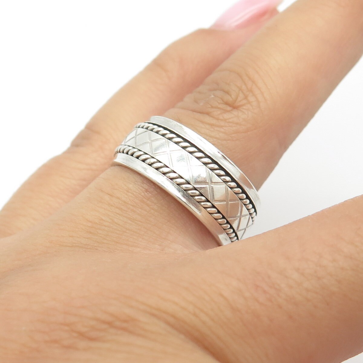 925 Sterling Silver Vintage DGS Turkey Hand Braided Wedding Band Ring Size 8.25