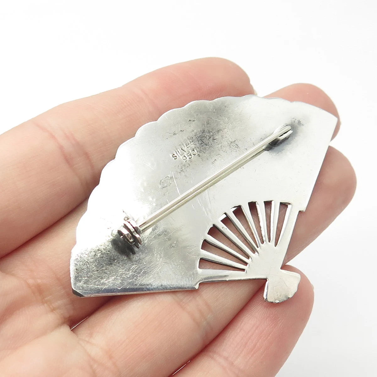 950 Silver Vintage Fan Etched Pin Brooch