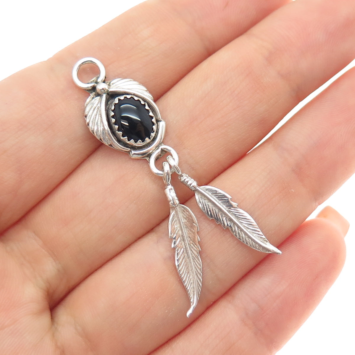 Benjamin James Navajo Old Pawn 925 Sterling Vintage Black Onyx Feather Pendant