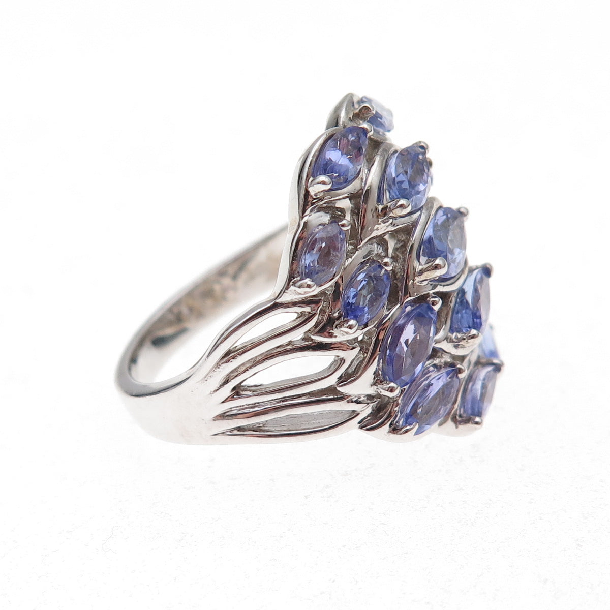 925 Sterling Silver Real Marquise-Cut Tanzanite Cluster Ring Size 8.25