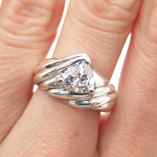 925 Sterling Silver Vintage Triangle-Cut C Z Modernist Ring Size 7