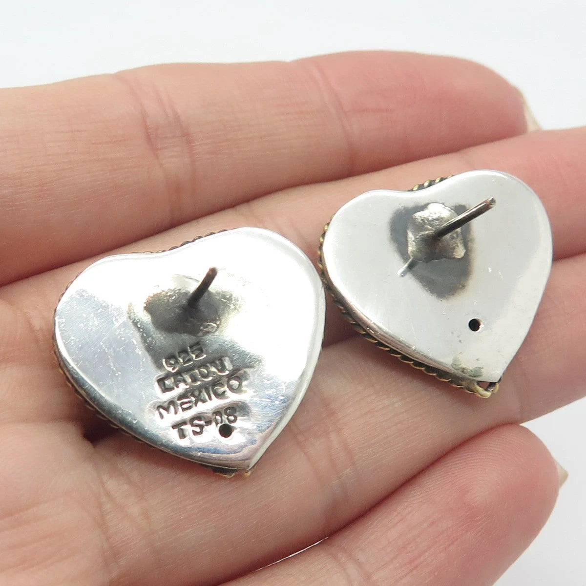925 Sterling Silver 2-Tone Vintage Mexico Laton Heart Earrings