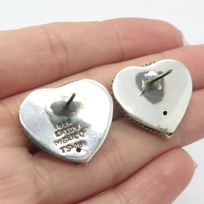 925 Sterling Silver 2-Tone Vintage Mexico Laton Heart Earrings
