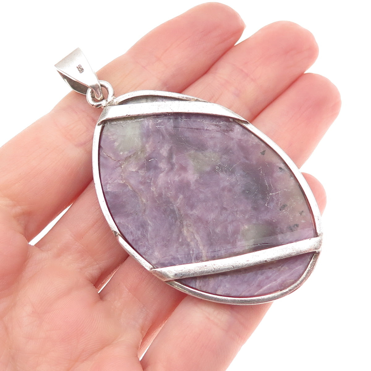 925 Sterling Silver Vintage Real Charoite Modernist Large Pendant