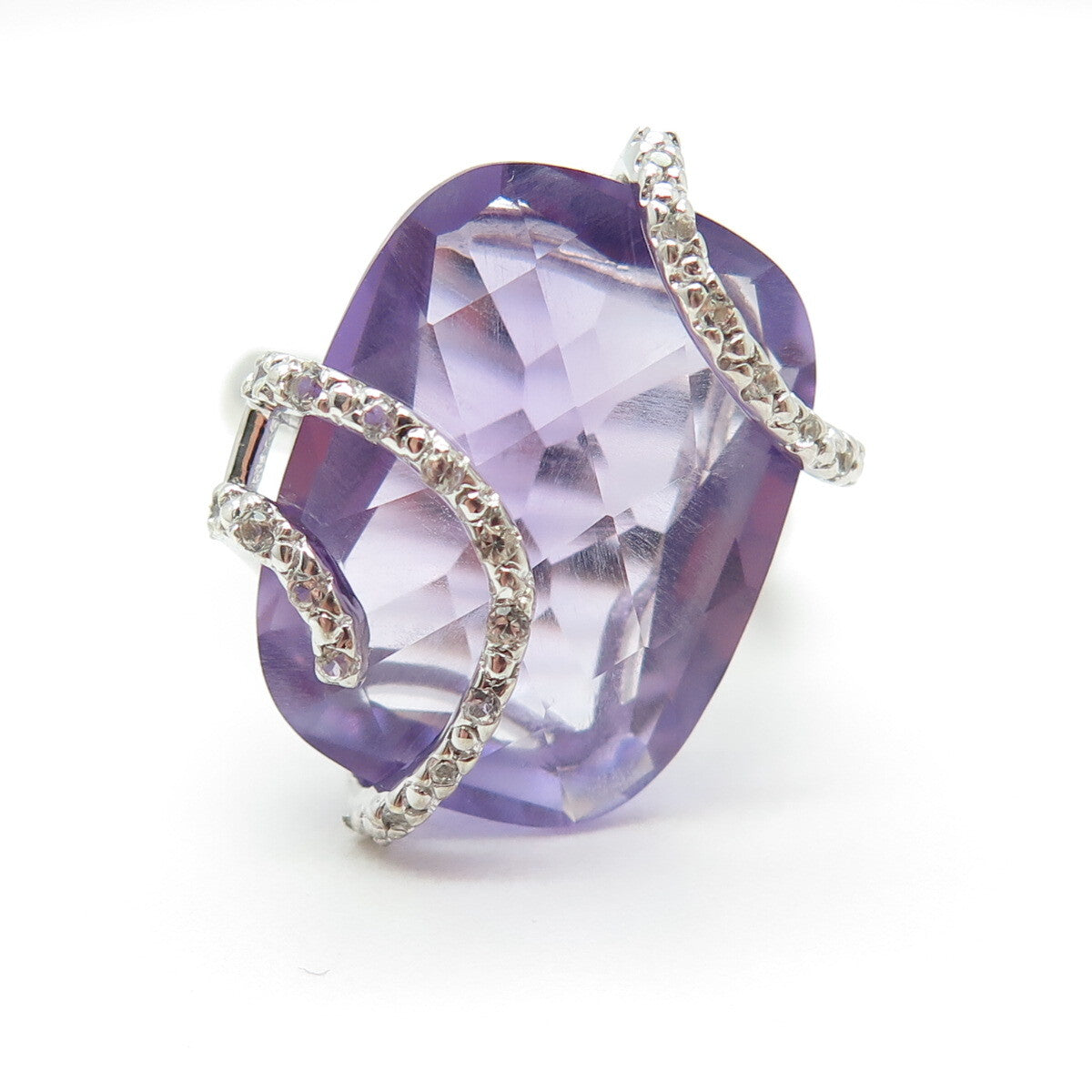 925 Sterling Silver Real Amethyst & White Topaz Wavy Ring Size 7.25