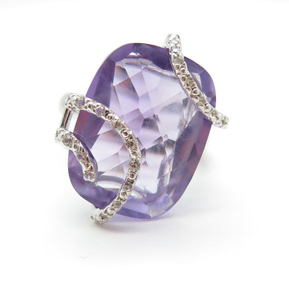 925 Sterling Silver Real Amethyst & White Topaz Wavy Ring Size 7.25
