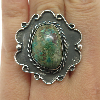 925 Sterling Silver Vintage Mexico Turquoise Modernist Oxidized Ring Size 6.5