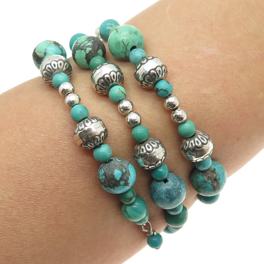 Old Pawn 925 Sterling Turquoise Navajo Pearls Beaded Adjustable Wrap Bracelet 6"