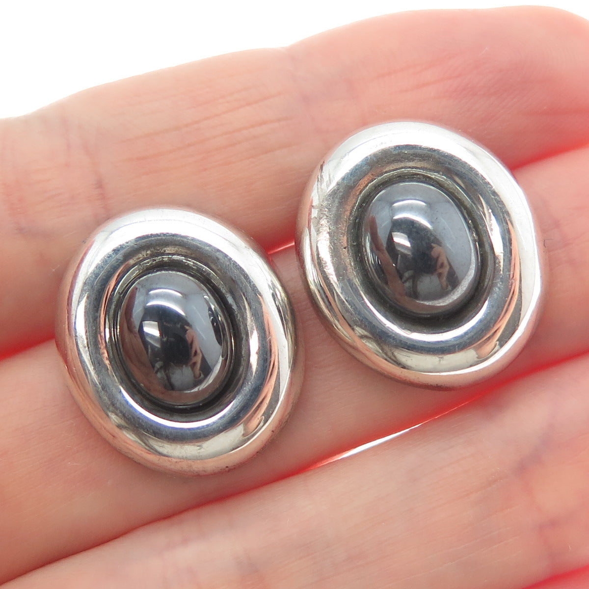BARRA Sterling Silver & 14K Gold Posts Vintage Real Hematite Modernist Earrings