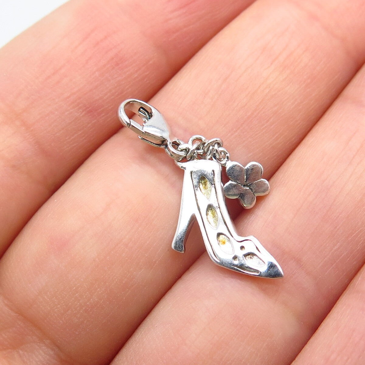 925 Sterling Silver C Z & Enamel High Heels Shoe Floral Charm Pendant