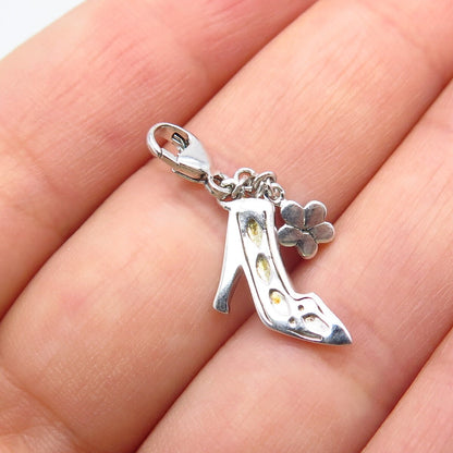 925 Sterling Silver C Z & Enamel High Heels Shoe Floral Charm Pendant