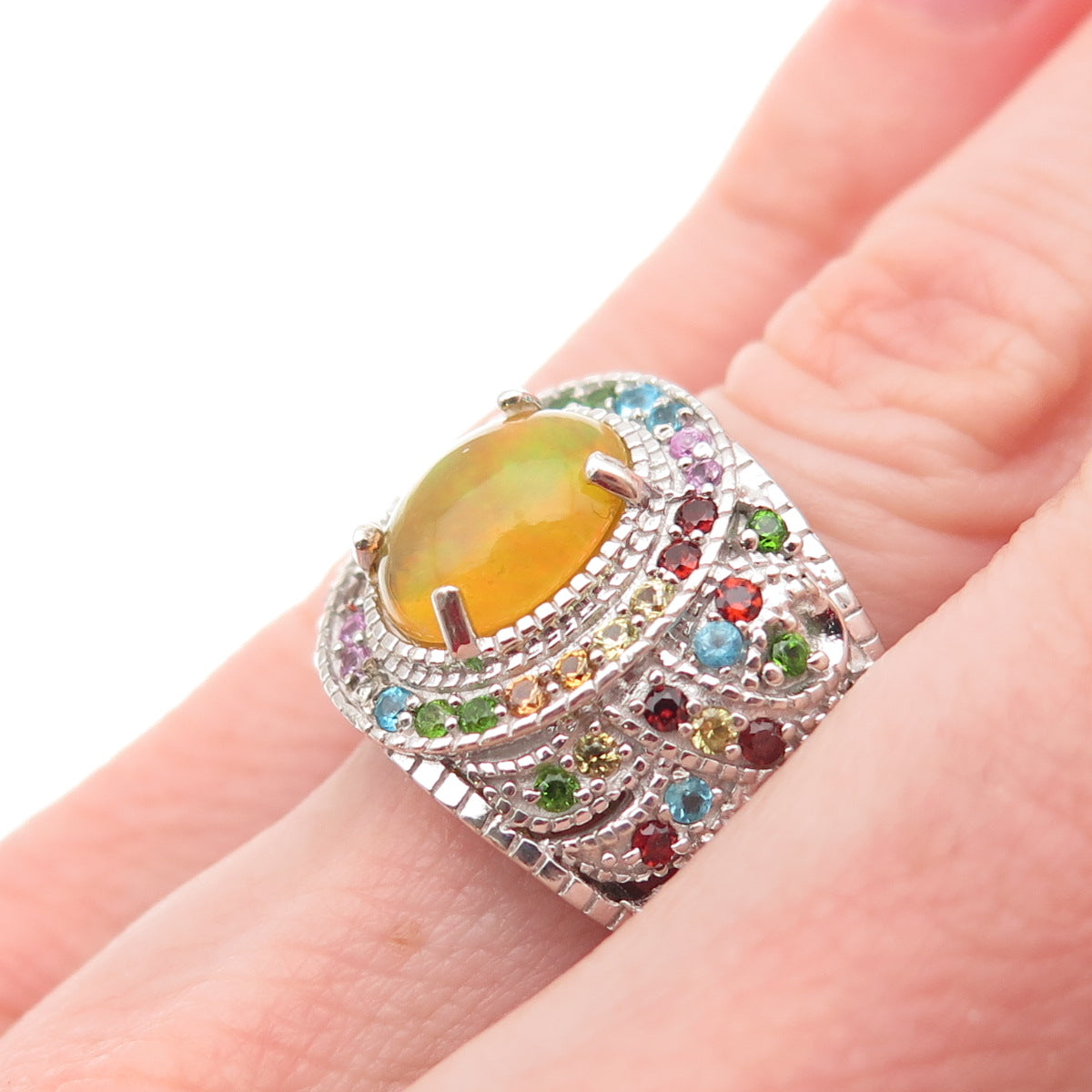 Chuck Clemency Sterling Real Opal & Multi-Gem Ring Size 6.25 (missing 1 stone)