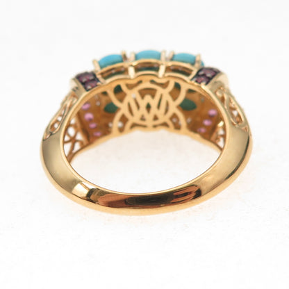 925 Sterling Silver Gold Plated Real Turquoise & Pink Sapphire Ring Size 8.25