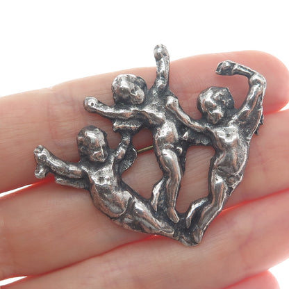 925 Sterling Silver 2-Tone Vintage Cherub Angels Oxidized Pin Brooch