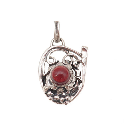 925 Sterling Silver Vintage Real Garnet Modernist Floral Oxidized Charm Pendant