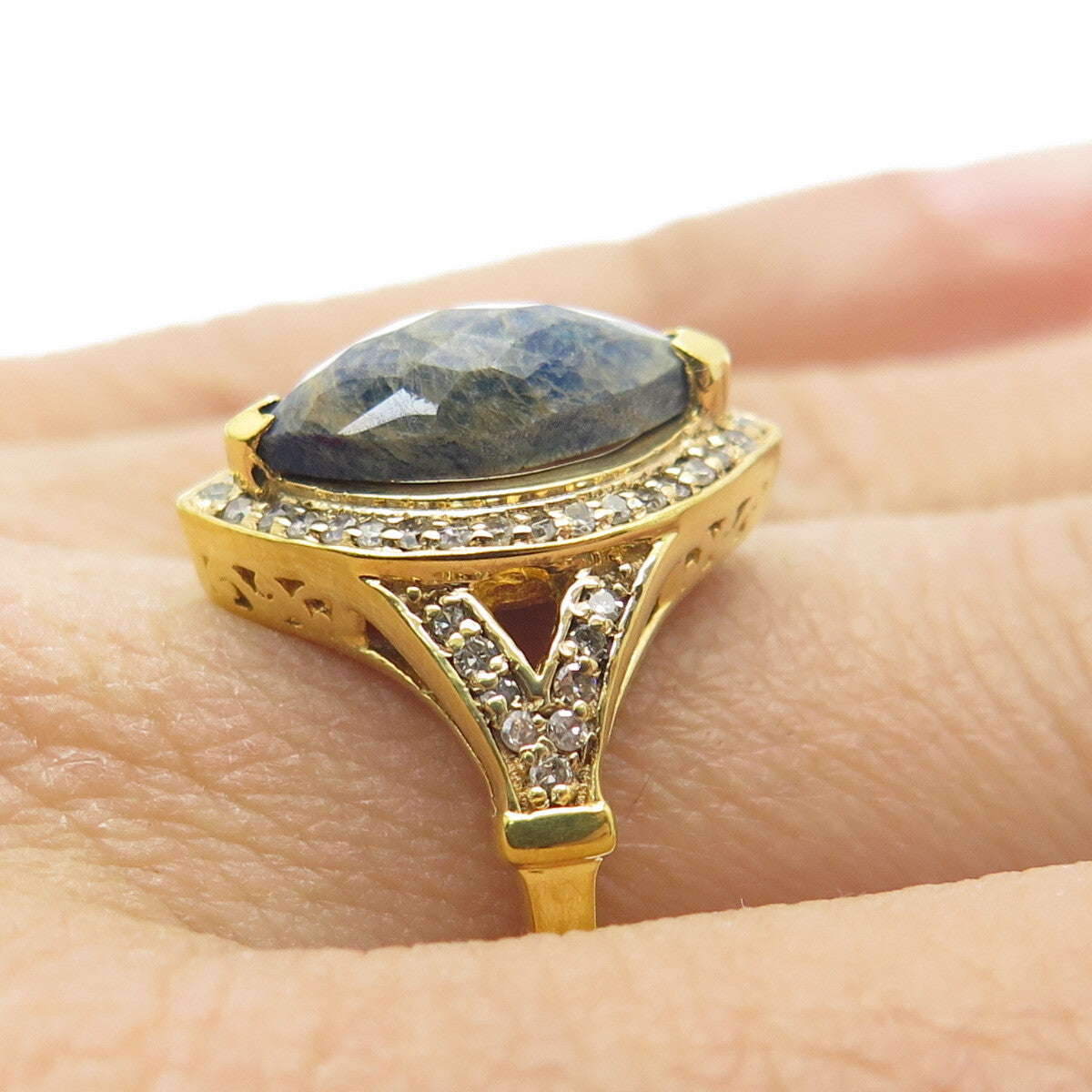 925 Sterling Silver Gold Plated Real Diamond & Picture Sapphire Gem Ring Size 8